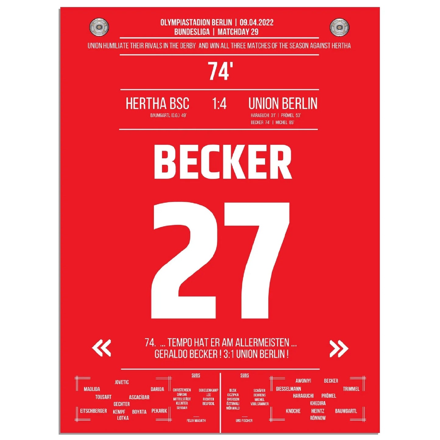Union mit dem dritten Derbysieg der Saison 21/22 gegen Hertha