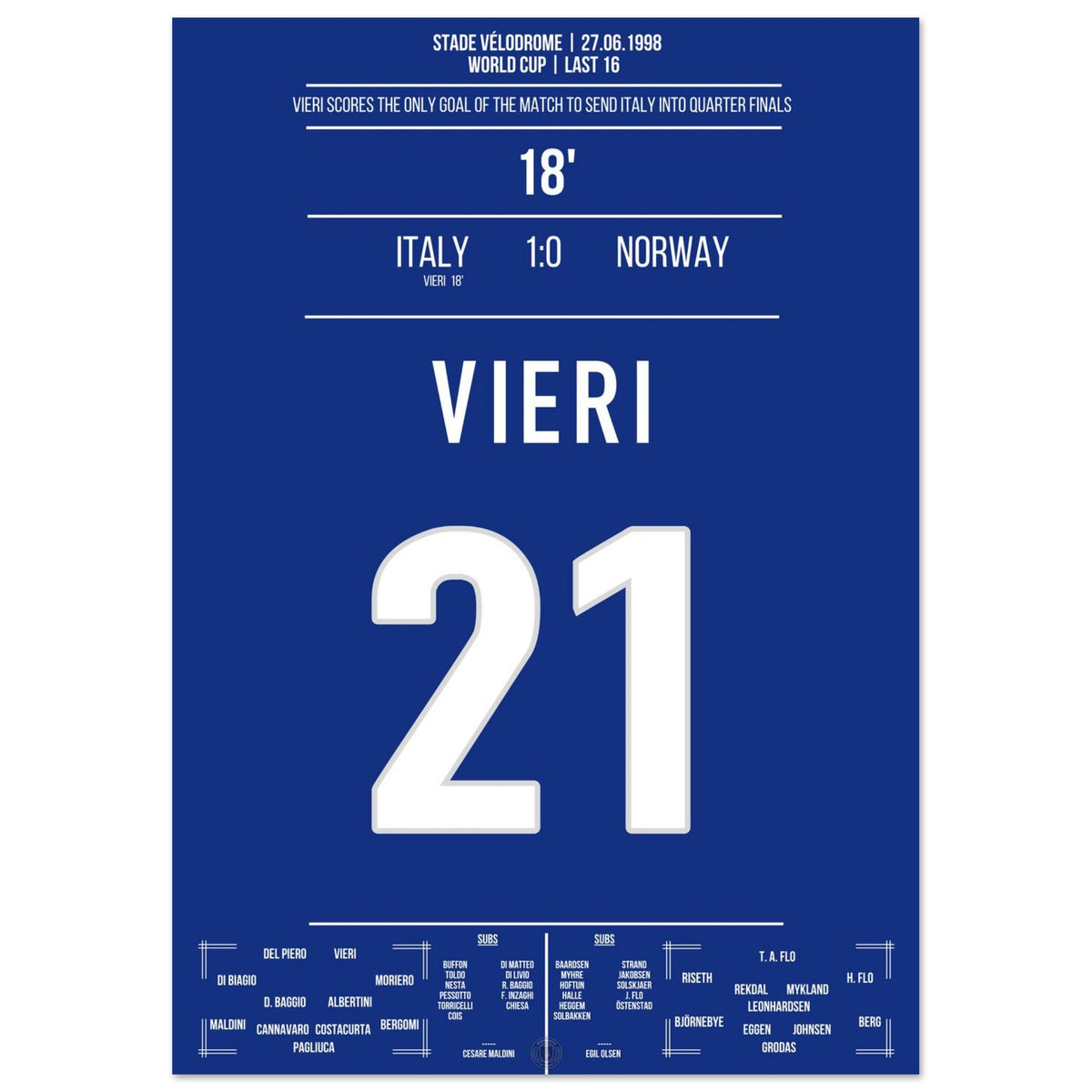 Vieri decides the WM round of 16 against Norway in 1998