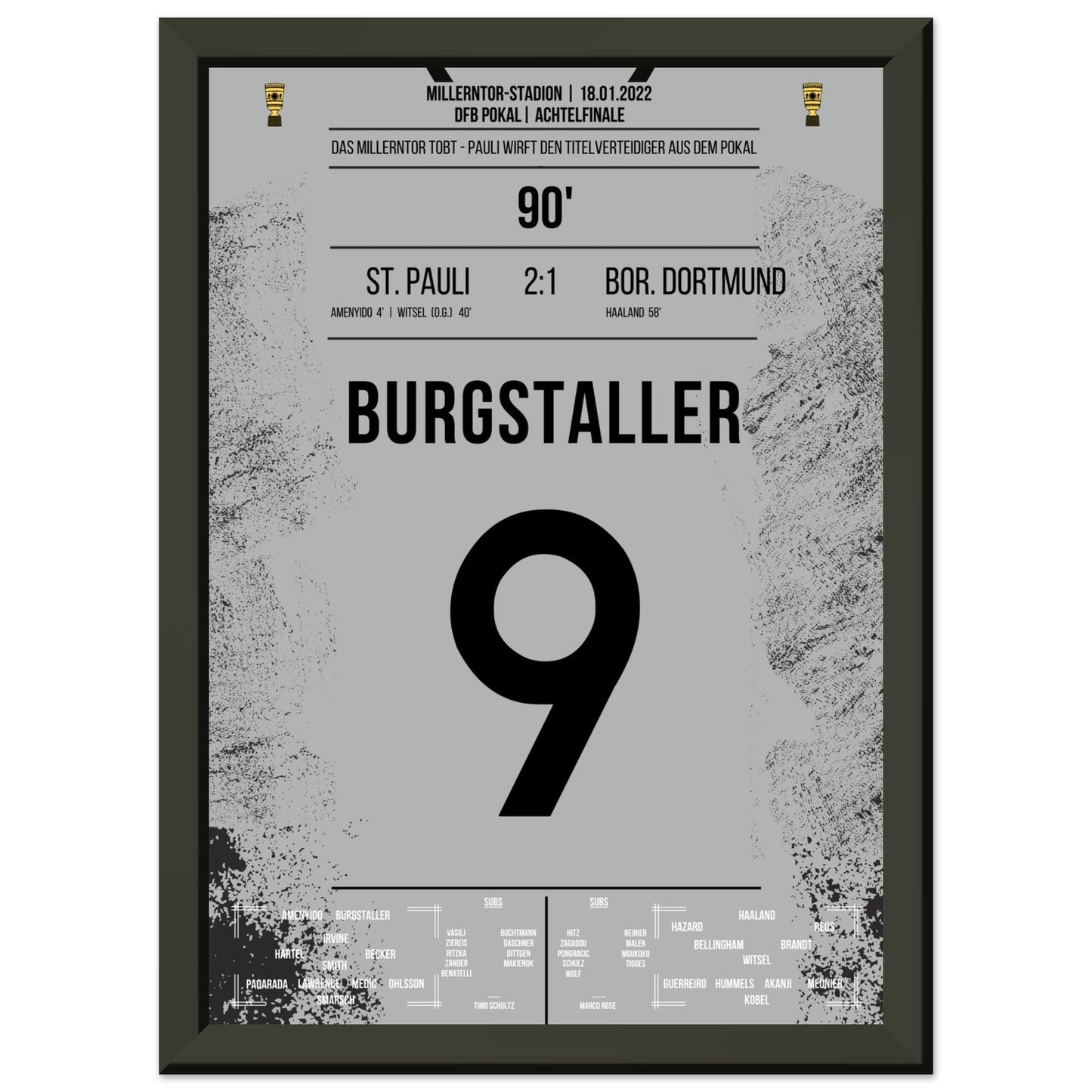 Wilde Pokalnacht auf dem Kiez! St Pauli wirft den Titelverteidiger Dortmund aus dem Pokal A4-21x29.7-cm-8x12-Schwarzer-Aluminiumrahmen