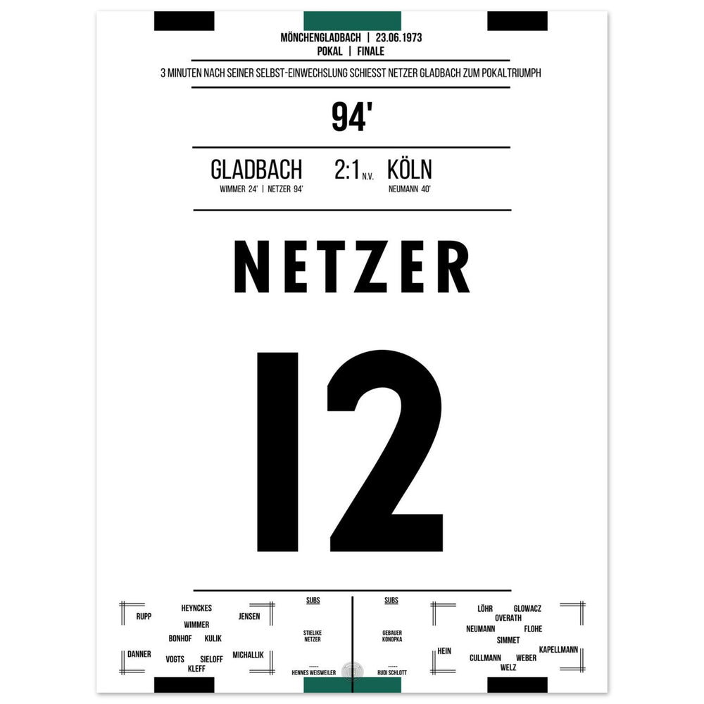 Netzer substitutes himself in and scores Gladbach's cup victory in 1973.