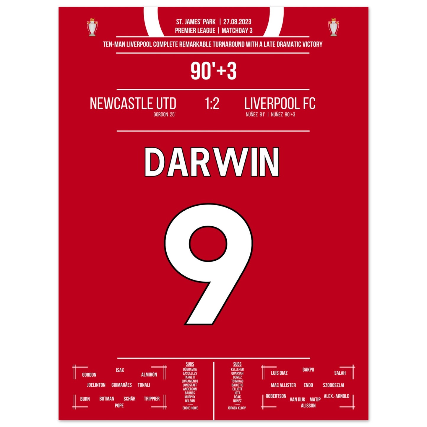 Darwin Nunez' später Doppelpack zum Sieg bei Newcastle 2023 45x60-cm-18x24-Ohne-Rahmen
