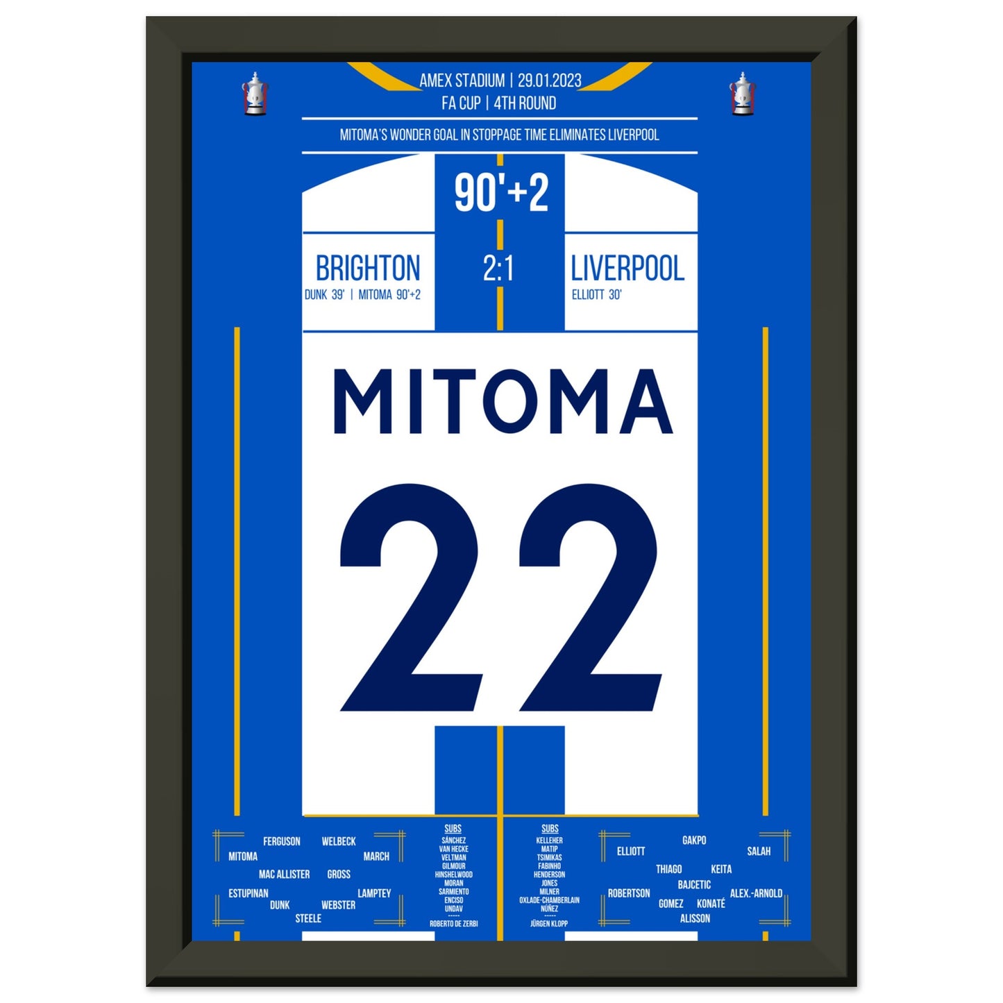 Mitoma's Tor in der Nachspielzeit im FA Cup gegen Liverpool A4-21x29.7-cm-8x12-Schwarzer-Aluminiumrahmen