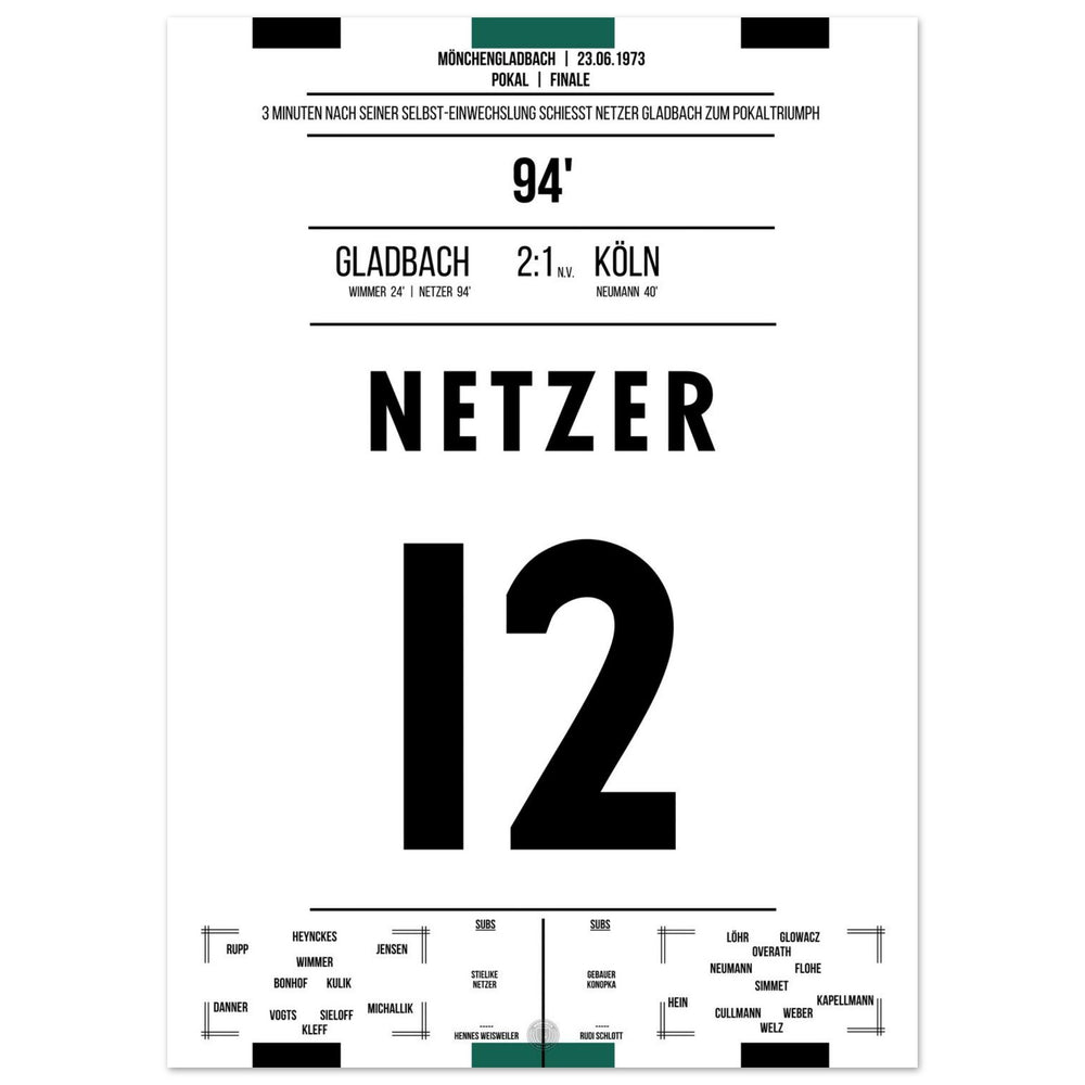 Netzer substitutes himself in and scores Gladbach's cup victory in 1973.