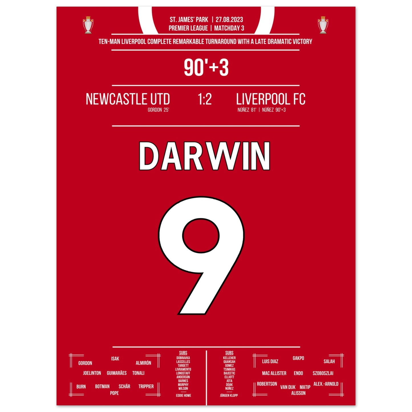 Darwin Nunez' später Doppelpack zum Sieg bei Newcastle 2023 30x40-cm-12x16-Ohne-Rahmen