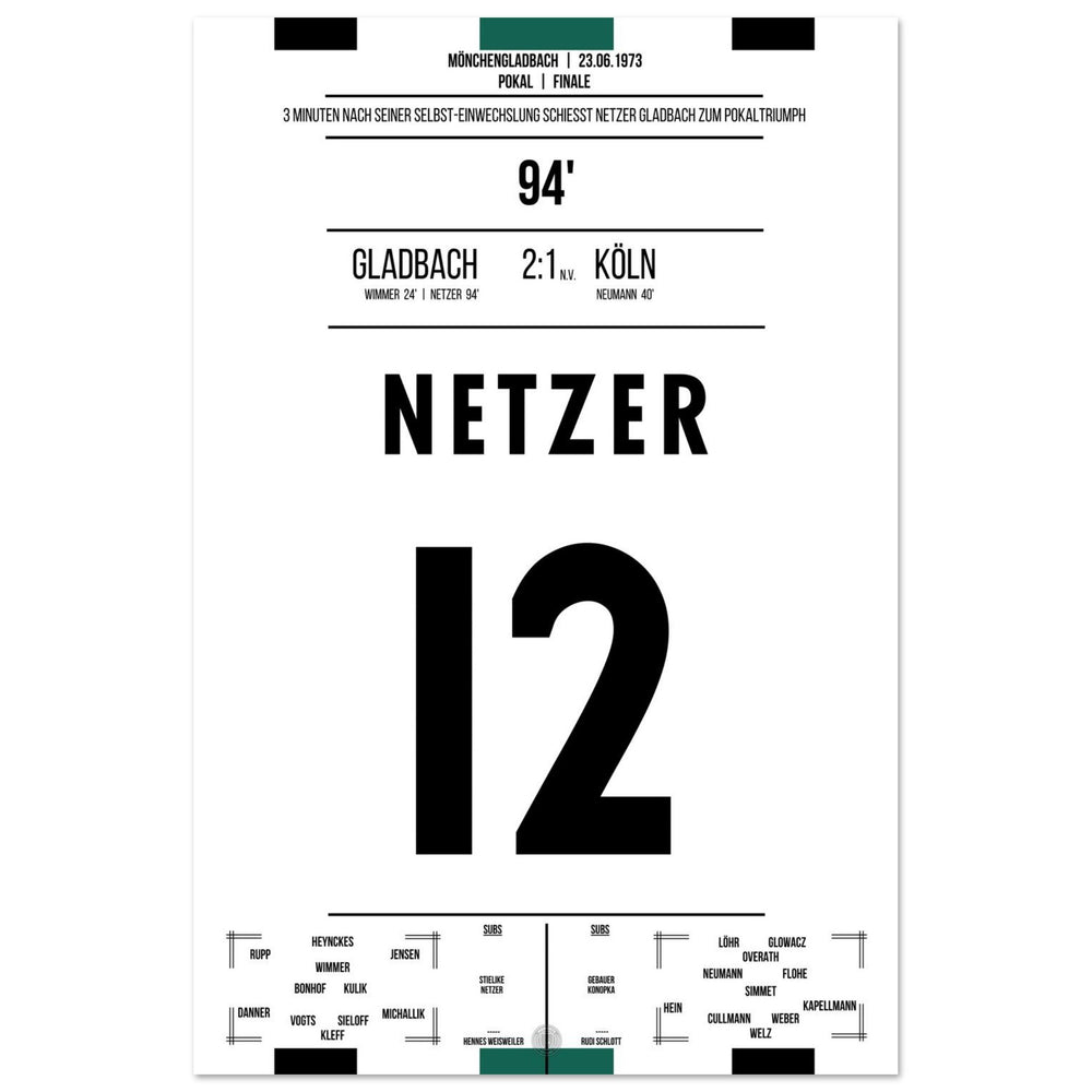 Netzer substitutes himself in and scores Gladbach's cup victory in 1973.