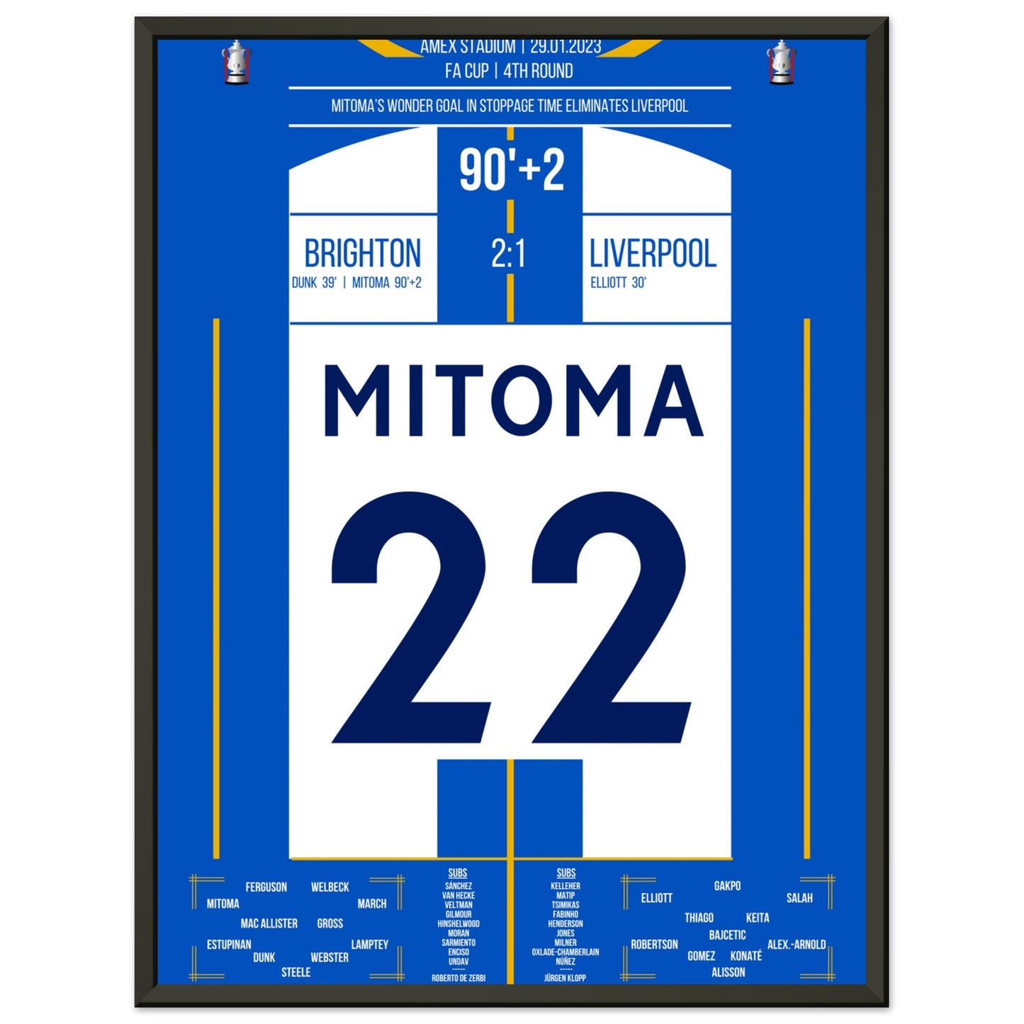 Mitoma's Tor in der Nachspielzeit im FA Cup gegen Liverpool 45x60-cm-18x24-Schwarzer-Aluminiumrahmen