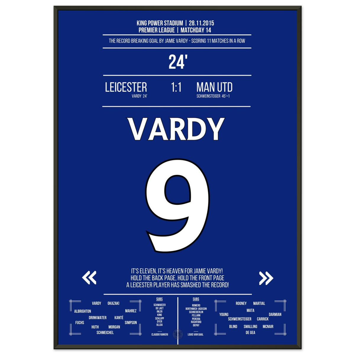 Vardy scores in his 11th consecutive game, breaking the Premier League record