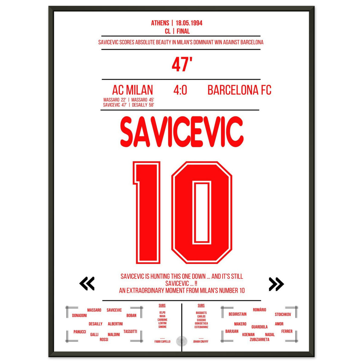 Savicevic chip goal in the sweeping victory against Barcelona in the 1994 final