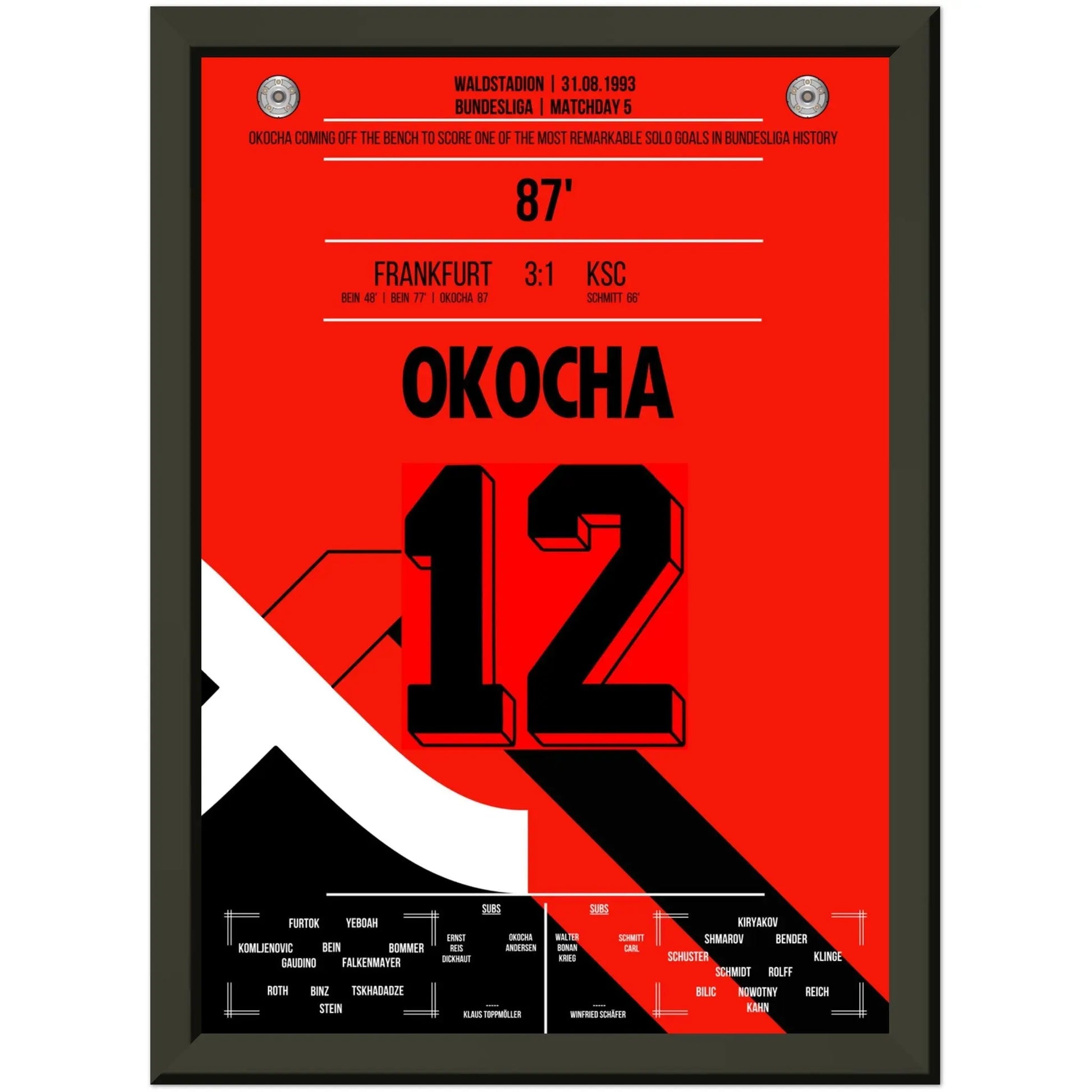 Jay Jay Okocha's Solo-Tor gegen die KSC-Defensive in 1993 A4-21x29.7-cm-8x12-Schwarzer-Aluminiumrahmen