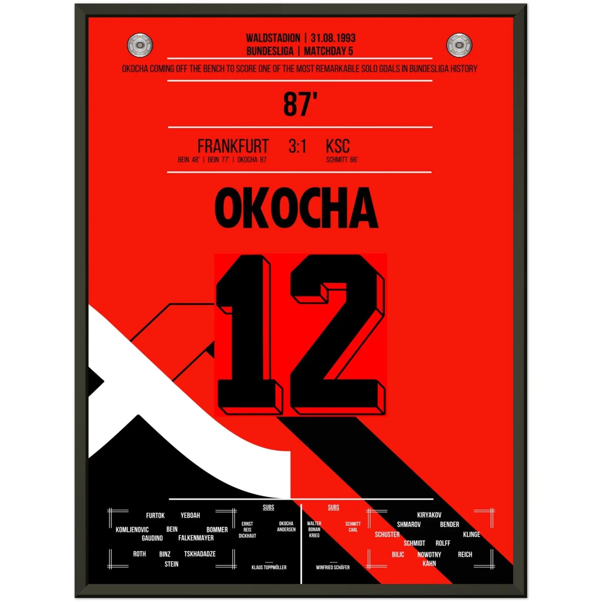 Jay Jay Okocha's Solo-Tor gegen die KSC-Defensive in 1993 45x60-cm-18x24-Schwarzer-Aluminiumrahmen