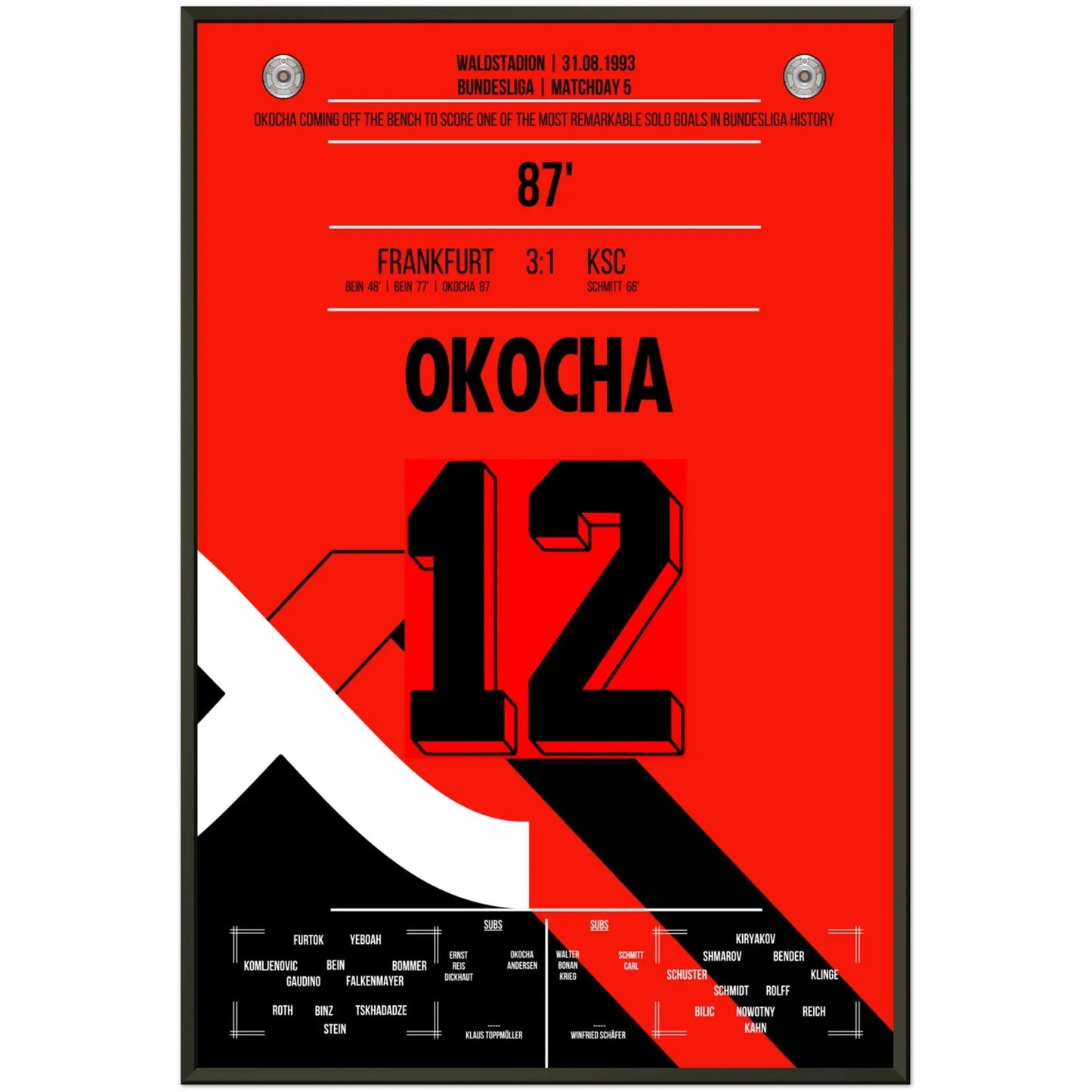 Jay Jay Okocha's Solo-Tor gegen die KSC-Defensive in 1993 60x90-cm-24x36-Schwarzer-Aluminiumrahmen