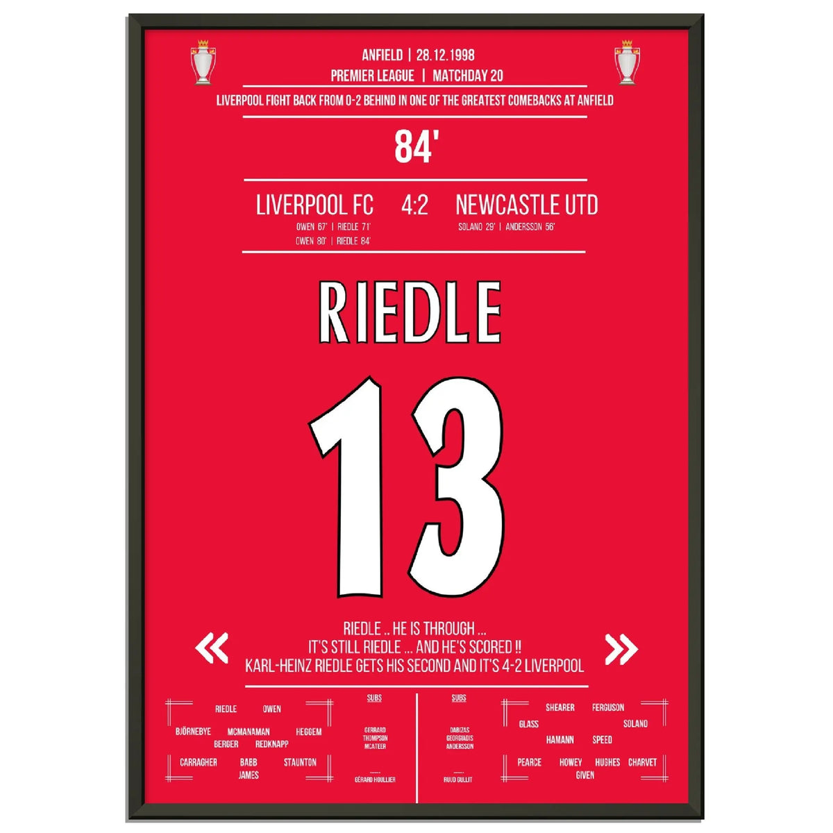 Riedle's double in Liverpool's wild comeback against Newcastle 1998