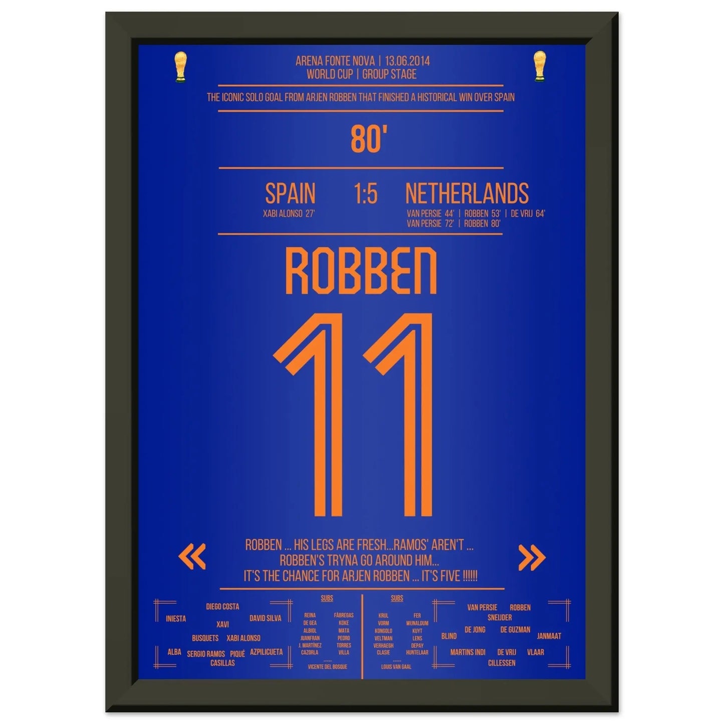 Robben's Solo-Tor gegen Spanien bei der Weltmeisterschaft 2014 A4-21x29.7-cm-8x12-Schwarzer-Aluminiumrahmen