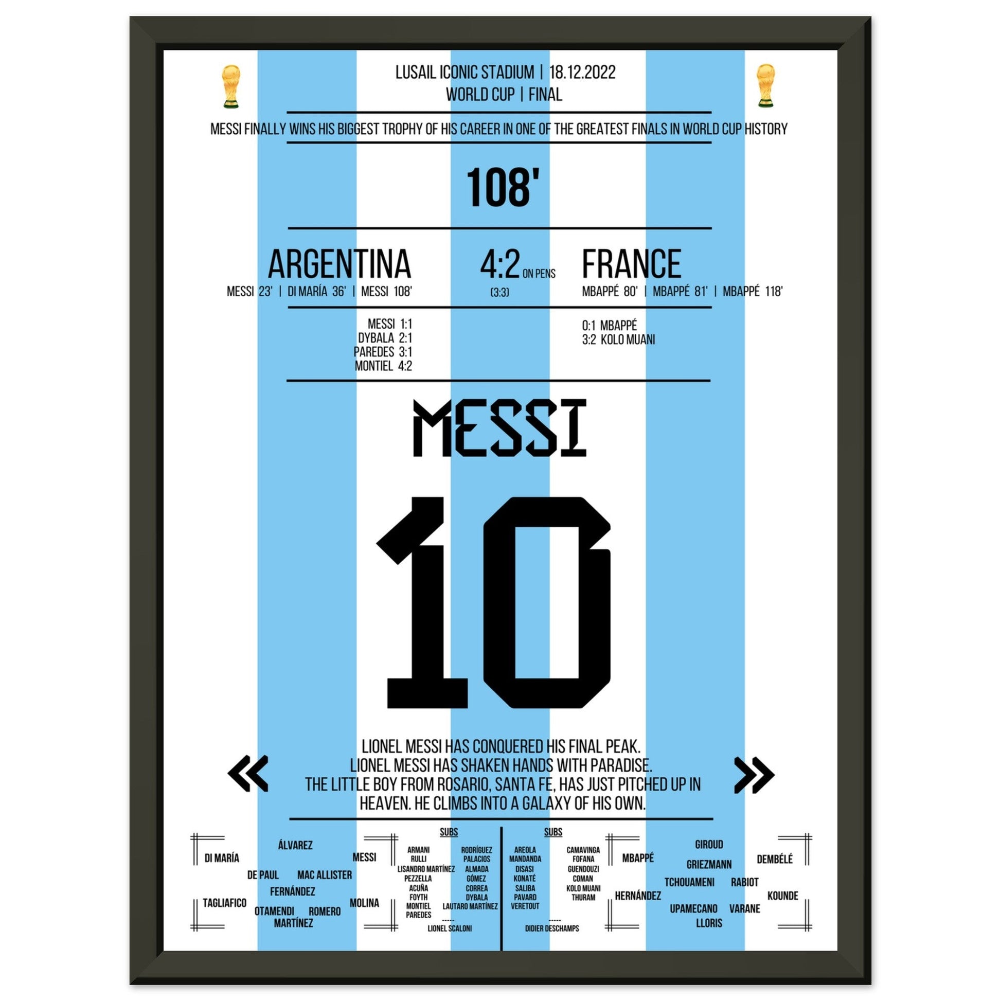 Messi macht sich unsterblich beim Gewinn der WM 2022 30x40-cm-12x16-Schwarzer-Aluminiumrahmen