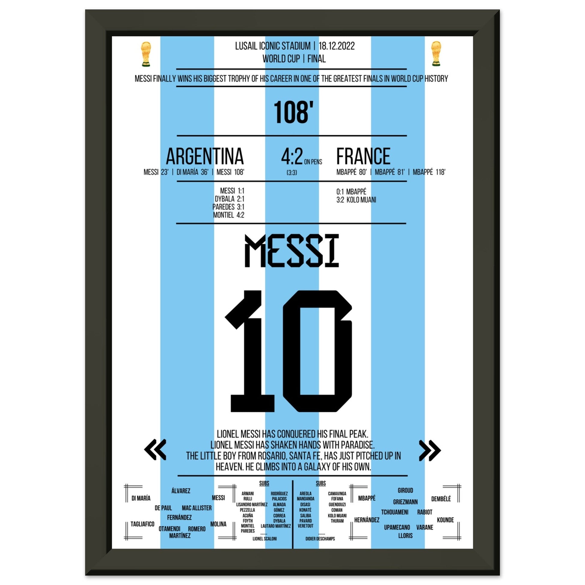 Messi macht sich unsterblich beim Gewinn der WM 2022 A4-21x29.7-cm-8x12-Schwarzer-Aluminiumrahmen