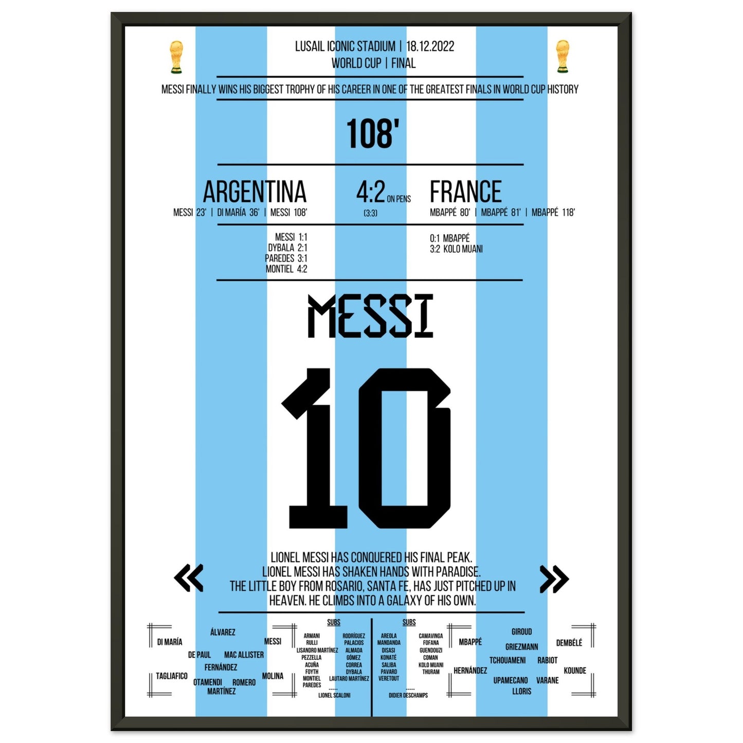 Messi macht sich unsterblich beim Gewinn der WM 2022 50x70-cm-20x28-Schwarzer-Aluminiumrahmen