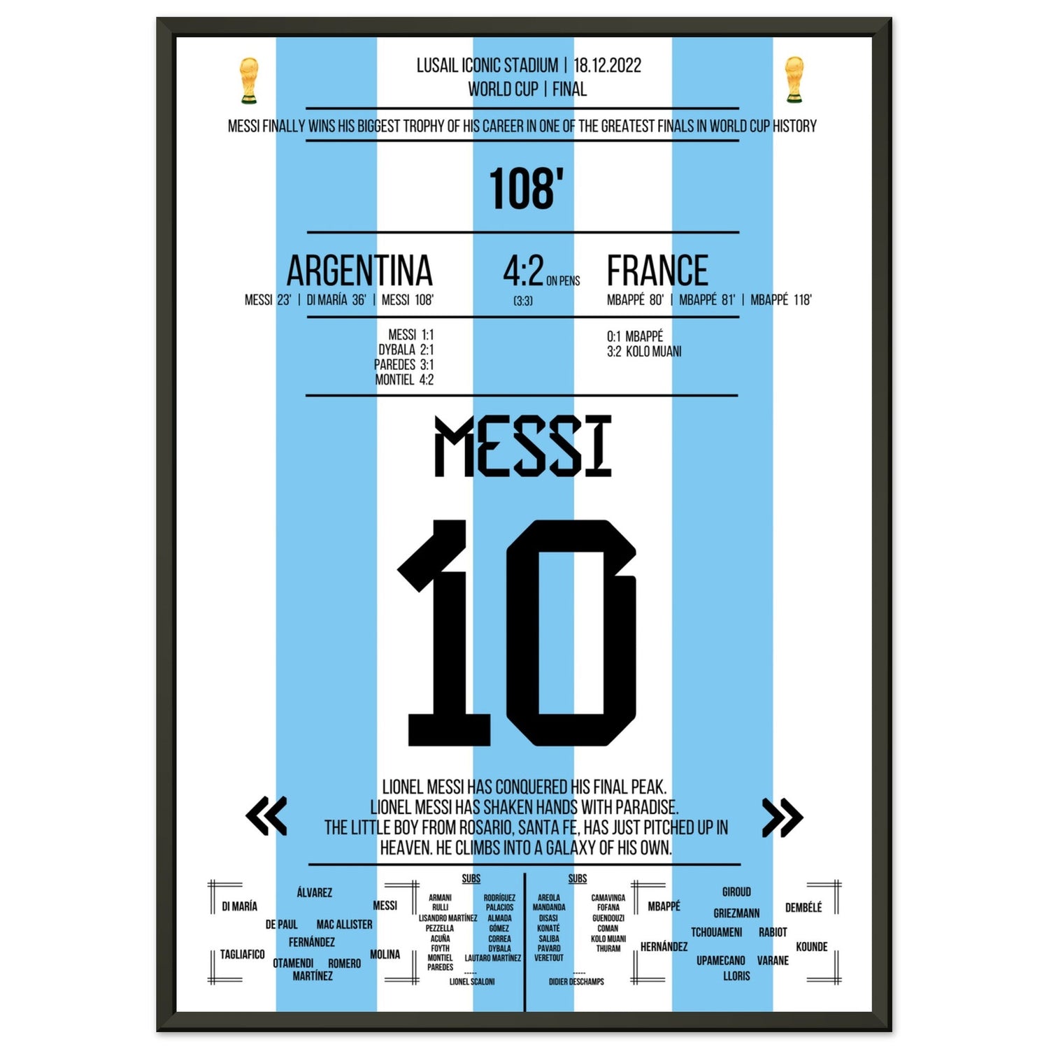 Messi macht sich unsterblich beim Gewinn der WM 2022 50x70-cm-20x28-Schwarzer-Aluminiumrahmen