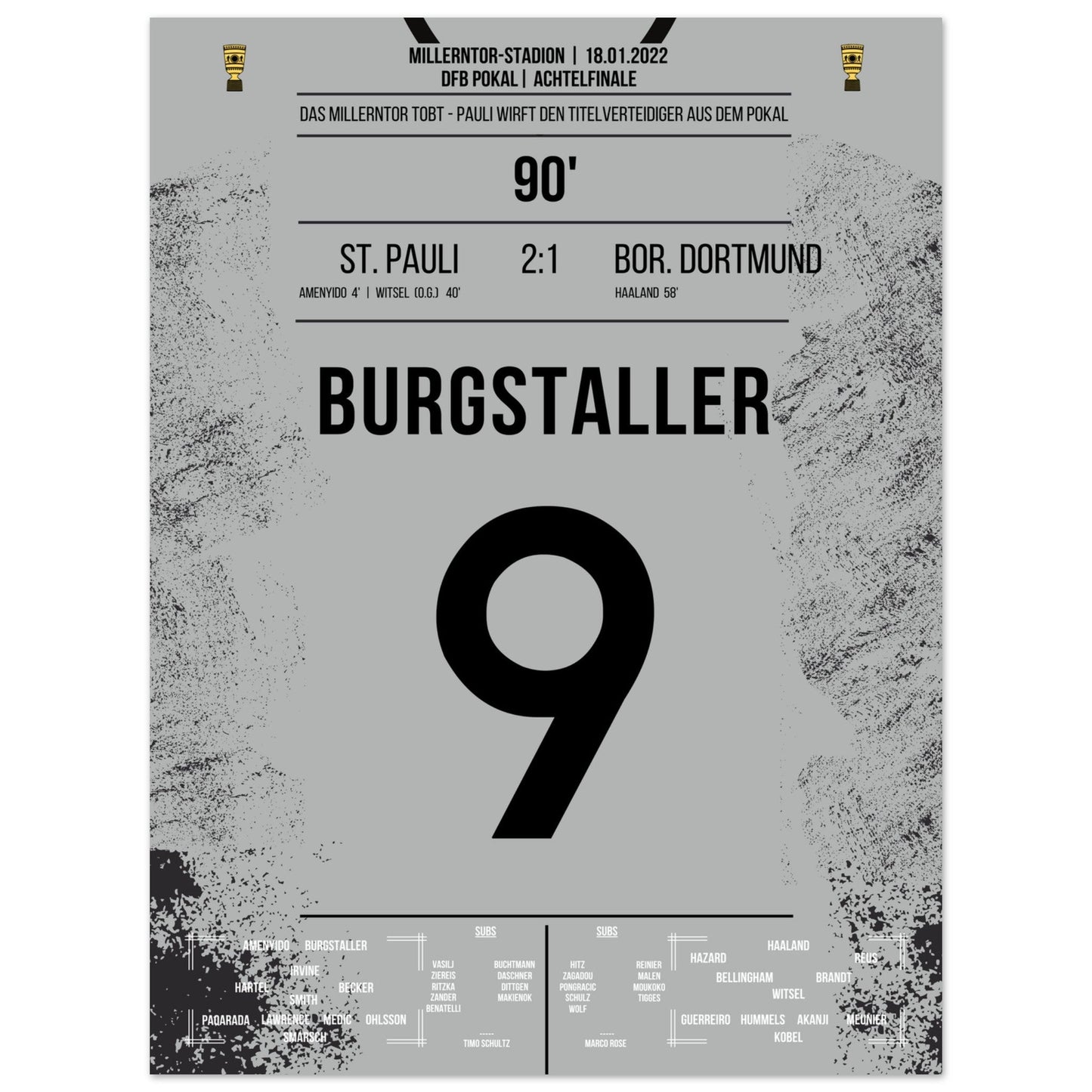 Wilde Pokalnacht auf dem Kiez! St Pauli wirft den Titelverteidiger Dortmund aus dem Pokal 45x60-cm-18x24-Ohne-Rahmen